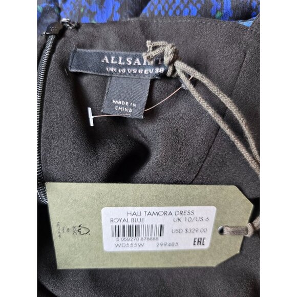 Allsaints Royal Blue Hali Tamora Sheer Snake Print Ruched Mini Dress UK 10 US 6 - Picture 6 of 8